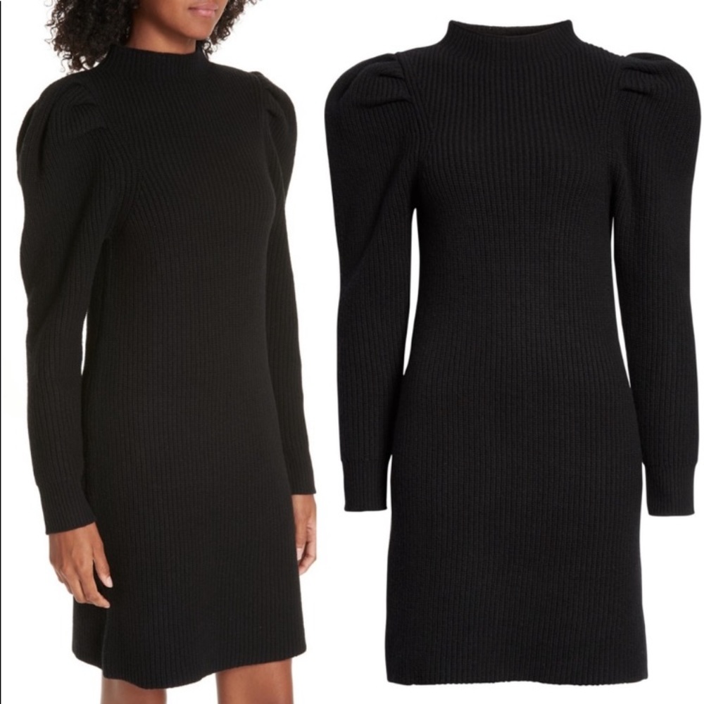 NWT Sandro Androsace Ribbed Wool Puff Sleeve Sweater Dress In Black